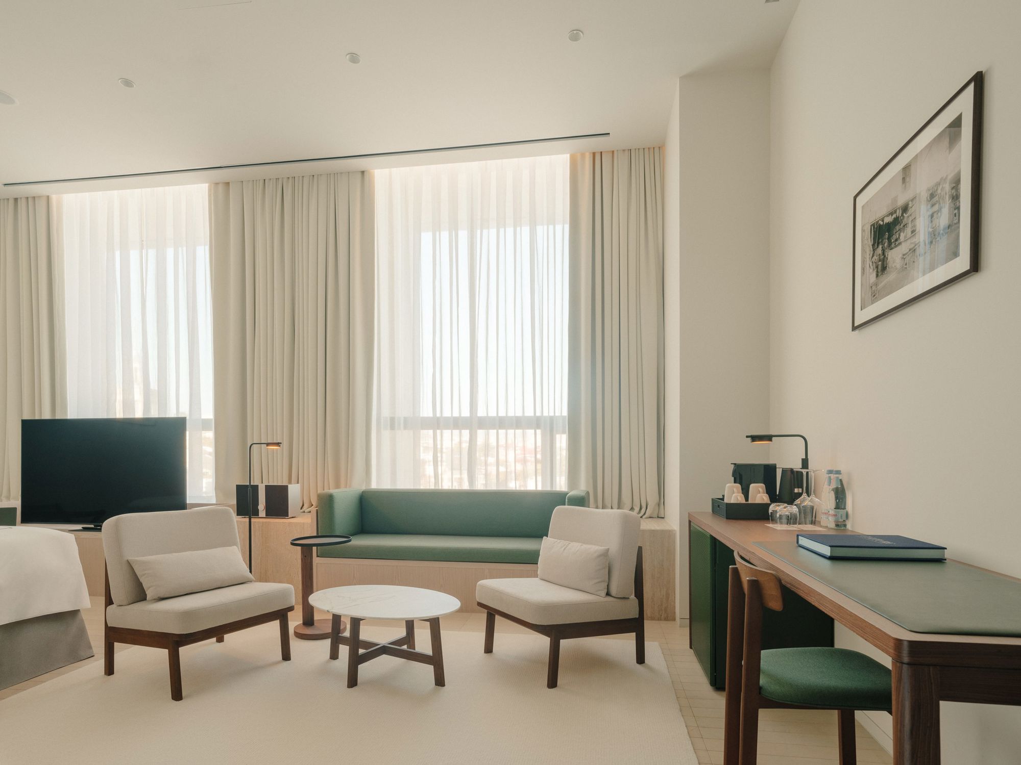 Tech-ready hotel room with easily accessible USB ports and smart controls.